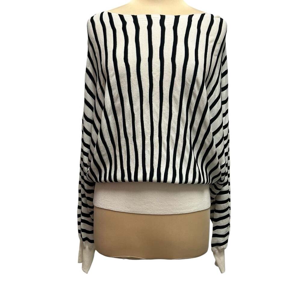 Lafayette 148 Silk Crepe Irregular Stripe Dolman Sweater Large Black Ivory $1198